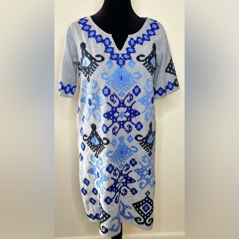 Rose and Rose preppy resort wear embroidered pinstriped tunic dress blue XS EUC